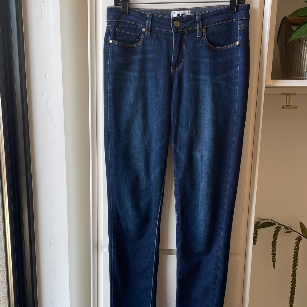 Paige Jeans -Skyline Skinny in Dark Blue. Has a sewn hole. See pictures.